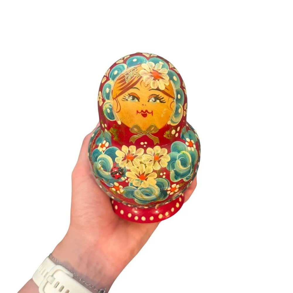 Russian Nesting Dolls Matryoshka 10 Piece Set Red Floral Hand Painted Wood 6in